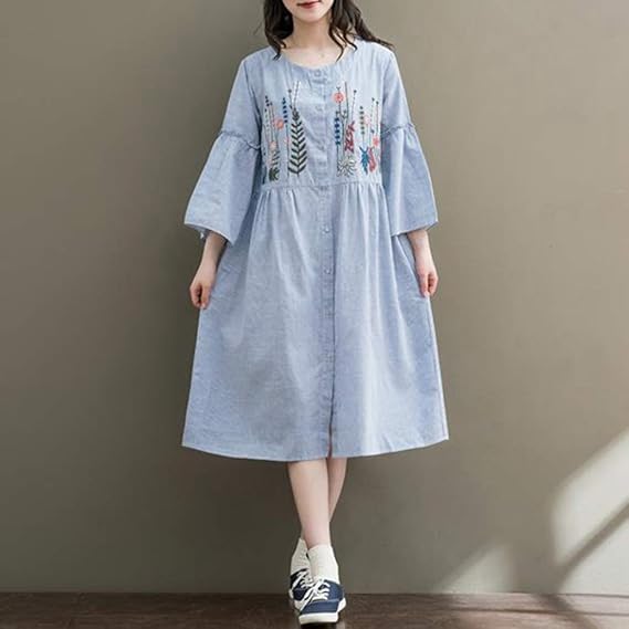 Amazon 夏用 レディース チュニック ワンピース 丸首 七分袖 ロング丈 ミモレ Aライン コットン スカート 女の子 清楚 森ガール 可愛い 優しい 着痩せ ゆったり 大きいサイズ ブルー ストライプ 刺繍 花柄 ワンピース チュニック 通販