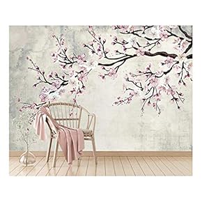 Large Wall Mural - Watercolor Style Ink Painting Pink Cherry Blossom on Vintage Wall Background | Self-Adhesive Vinyl Wallpaper/Removable Modern Wall Decor - 66x96 inches