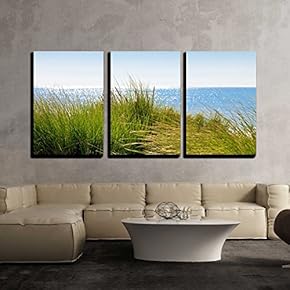 3 Piece Canvas Wall Art - Dunes to The sea. Seascape. - Modern Home Art Stretched and Framed Ready to Hang - 16"x24"x3 Panels