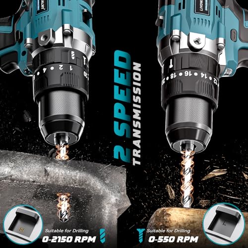 LIVOWALNY 90Nm Taladro Percutor a Bateria, Atornillador Electrico Compatible con Makita 18V, Caja de Cambios de 2 Velocidades y 21 Niveles de par, Para Reformas（Solo Herramientas）-Azul Marino