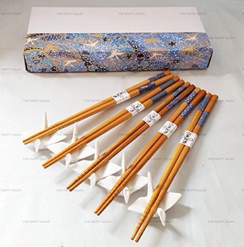 Happy Sales 5 Pairs White Crane Rests and Sashiko Design Chopsticks