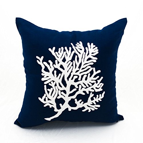 Coral Throw Decorative Pillow Cover Navy Blue Cotton Linen Square - Main Image