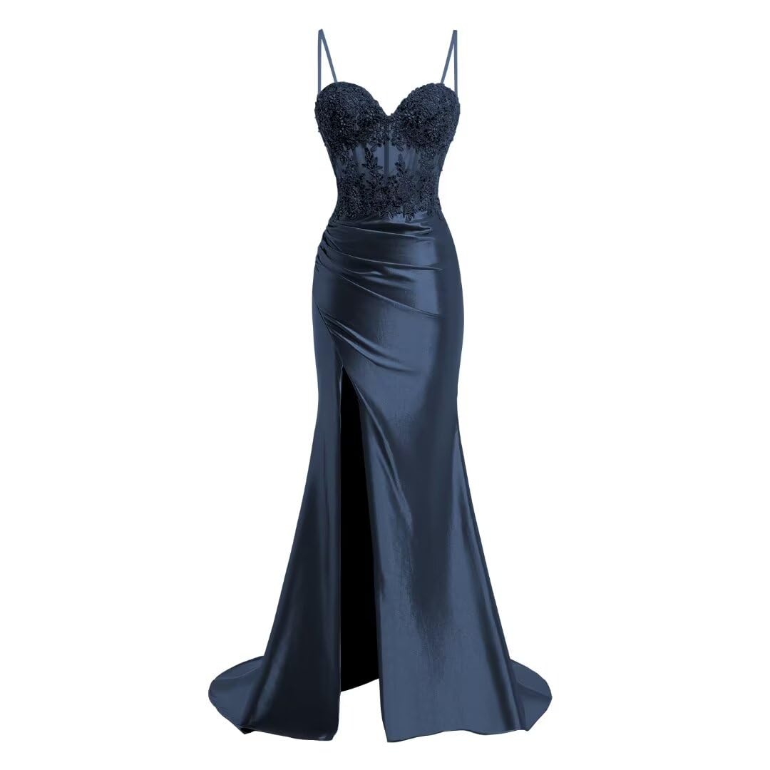 Photo 1 of Tukomu Graceful Spaghetti Strap Mermaid Prom Dresses with Split Sweetheart Lace Appliques Dress for Prom Party Navy Blue Pleated Long Satin Formal Evening Gown Size 2