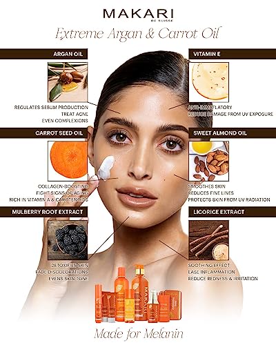 MAKARI Extreme Argan & Carrot Oil 3 Piece Gift Set - Exfoliating Soap, Tone Boosting Body Lotion & Face Cream Ideal for All Skin Types, Botanical Self Care Kit for Women