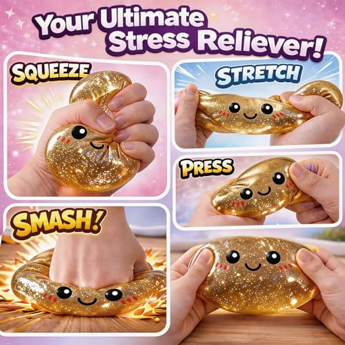 ORCHID M® Big Glitter Dumpling Squishy，Glitter Steamer Dumpling Stress Relief Ball - Sparkle Filled Sensory Squeeze Tool,Cute Adorable Soft Silicone Squeeze Toy (Golden)