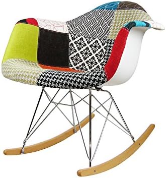 Modern Mod 10000051 Upholstered Eames Style Armchair Fabric Chair Patchwork Multi-Pattern Rocker Chrome Steel Eiffel Base Nursery Living Room