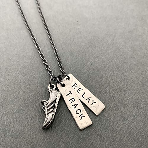 RUN TRACK RELAY Necklace - Pewter Running Shoe Charm and 2 Hand Hammered Nickel Silver Pendants Hand Stamped with TRACK and RELAY on 18 inch Gunmetal Chain - Track Relay Race Team
