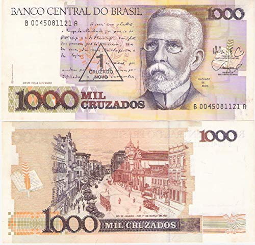 Rare Brazil 1000 Cruzados (1 Cruzado Novo Overprint) Note UNC