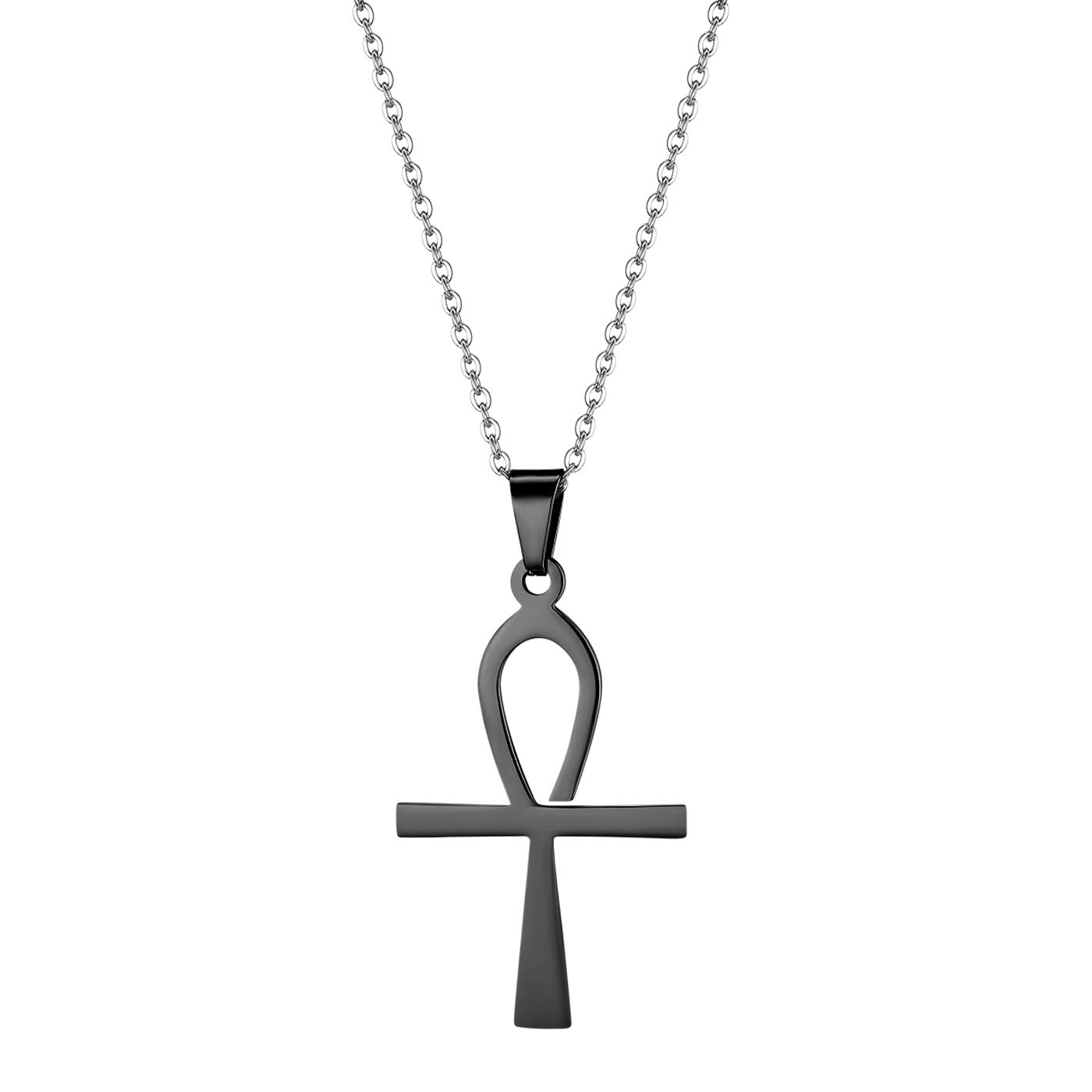 JewelryWe Mens Womens Egyptian Ankh Cross Pendant Stainless Steel Necklace,Black
