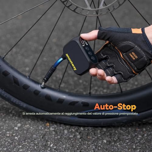 anoutway Tiny E-Pump pompa per bicicletta, mini pompa per pneumatici da bicicletta portatile, spegnimento automatico, pompa per bicicletta elettrica MAX 120 PSI per valvola Schrader e Presta AT1