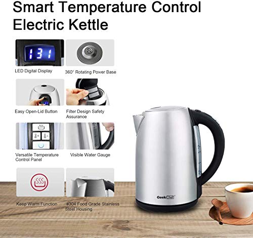 Geek Chef Electric Kettle 1.7Liter Electric Kettle with Temperature Control 304 Stainless Steel Housing, Hot Water Boiler with LED Indicator, Fast Boiler Auto Shut-Off 60 Minutes Keep Warm, BPA-Free