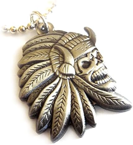 Indian Chief Skull Skeleton Biker Motorcycle Pendant Necklace w/Chain