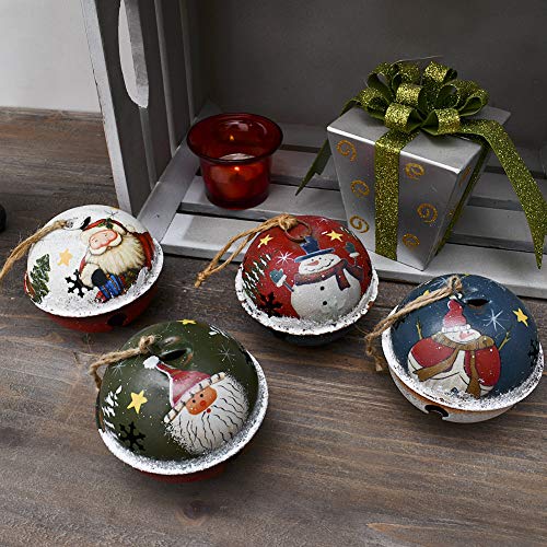 E-view Christmas Tree Ornament Metal Rustic Jingle Bell Hanging Ornaments with Snowman Santa, Decorative Sleigh Bells Winter Decor Xmas Party Supplies Holiday Decoration for Home (Set of 4)