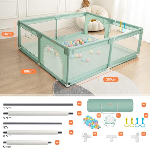 COMOMY Baby Playpen, 200 x 180 x 66 cm Baby Playpen with 50 Pit Balls, Mini Basketry and 4 Pull Rings, Baby Playpen with Soft and Breathable Mesh, Activity Center for Children, Green
