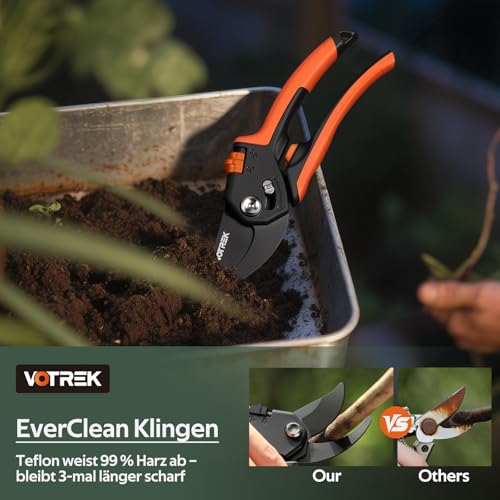 VOTREK 8.5 inch bypass secateurs with continuous handle opening, professional rose shears & pruning shears with SK5 steel and internal spring for effortless cutting - ideal for weak hand strength. Bracelet: Gift