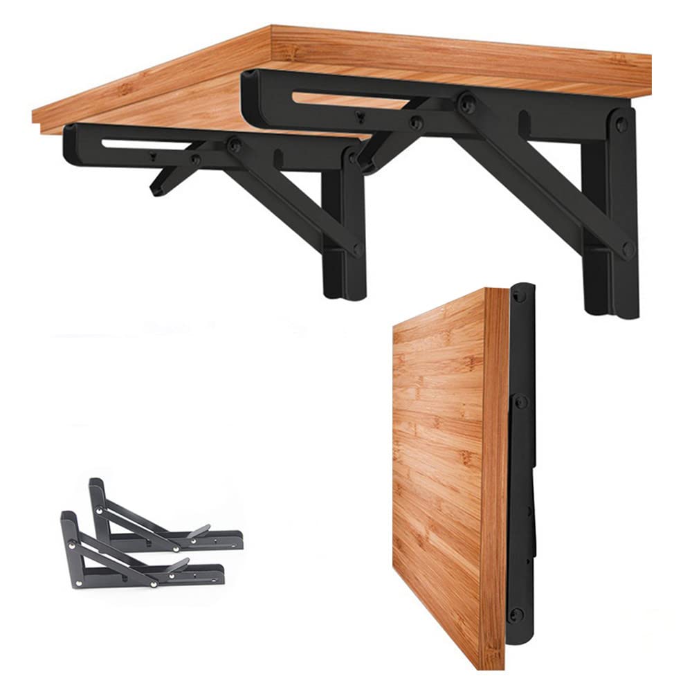 Hniuyun 2Pcs Folding Shelf Brackets, Heavy Duty Stainless Steel Shelf Bracket for Table Work Space Saving DIY Bracket（Black） (30cm)