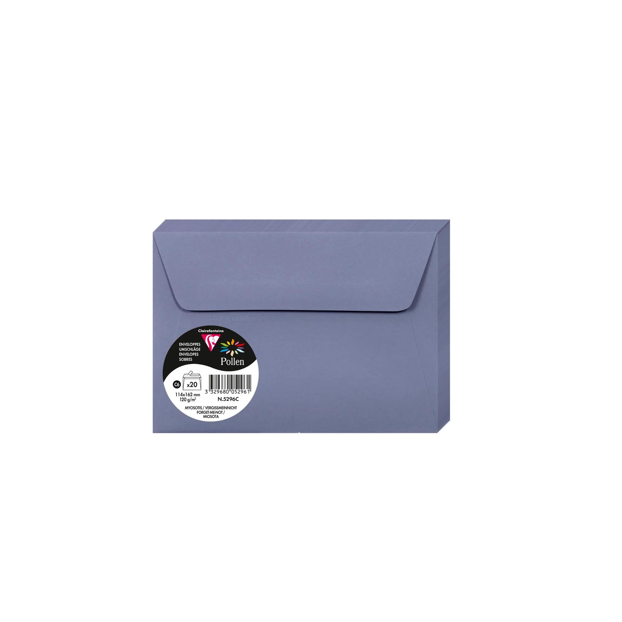 Clairefontaine 5296C Pack of 20 Self-Adhesive Envelopes C6 11,4x16,2cm 120gsm Colour Forget-Me-Not Invitation Events Correspondence Pollen Range Premium Paper
