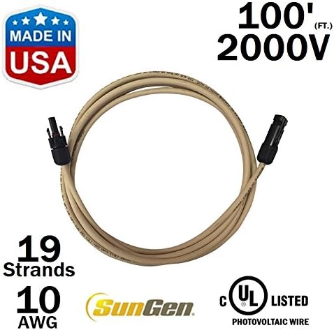100 FEET SunGen Solar Panel Extension Cable Wire (100 Ft.) with MC4 Connectors PV UL-Listed 10AWG - 2000V (100)