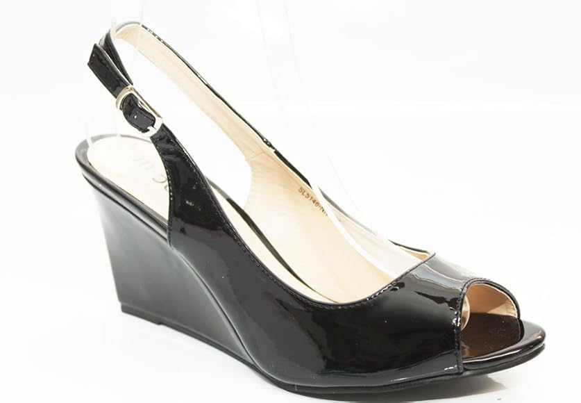 black patent peep toe wedges