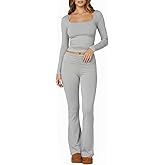Simlakey Women's 2 Piece Workout Sets Square Neck Long Sleeve Crop Tops Fold over Flare Leggings Casual Gym Pilates Yoga Set