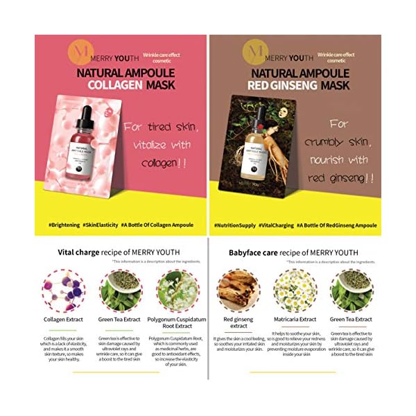 Korean Skin Care Face Mask Sheets - Natural Ampoule Masks set (pack of 6) - Snail, Collagen, Red Ginseng, White Pearl…