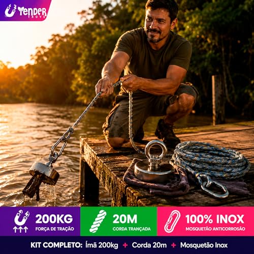 Tender Trove Kit Pesca Magnetica Ima Neodimio 200kg, 60mm, Corda Trancada 20 Metros, Mosquetao Aco Inox, Recuperacao Objetos Metalicos Rios Lagos