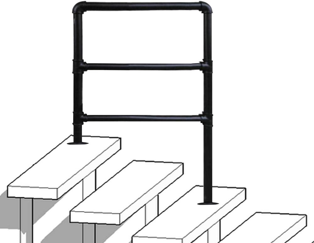 KOOU 3 Steps Handrail.Industrial Iron Pipe Black Stair Handrail, Indoor and Outdoor Safety Non-Slip Handrail, Porch Park Hospital Step Handrail