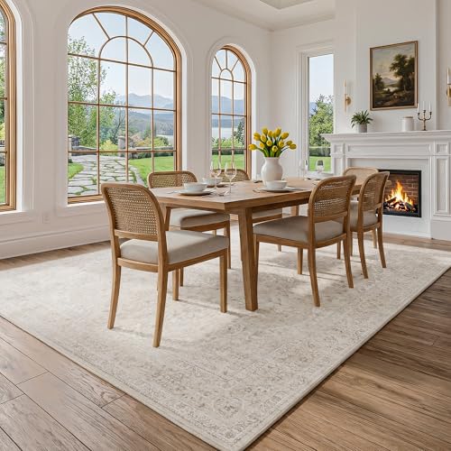 Fmfunctex 9x12 Washable Area Rug Neutral Beige Vintage Distressed Oriental Non Slip Low Pile Floral Rug Cream Traditional Soft Thin Retro Tapis Salon Indoor Carpet for Living Room Bedroom Dining Room