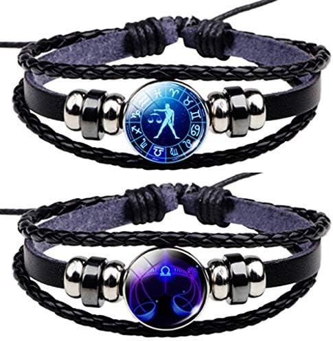 2 Pcs Constellation Leather Bracelet Retro Zodiac Astrology Braided Bracelet
