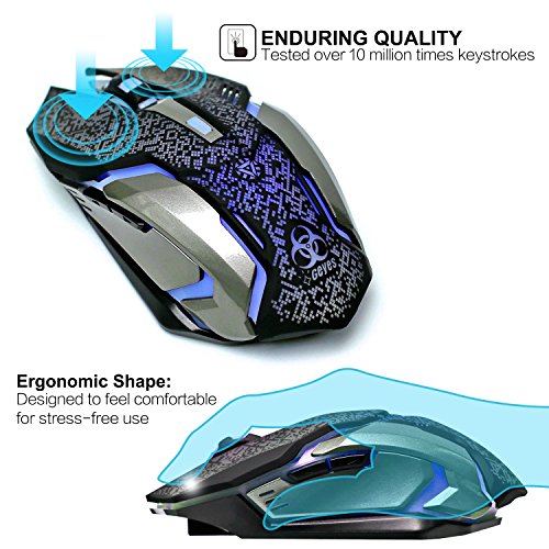 Wireless Gaming Mouse, VEGCOO C8 Silent Click Wireless Rechargeable Mouse with Colorful LED Lights and 2400/1600/1000 DPI 400mah Lithium Battery for Laptop and Computer (C9 Silver)