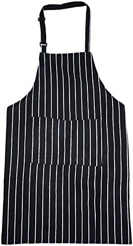 Adjustable Black Kitchen Bib Apron with Pockets, Extra Long Ties Unisex Black/White Pinstripe Chef Apron