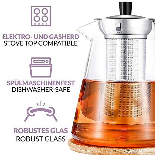 Cosumy Teekanne Glas mit Edelstahl Siebeinsatz 1,3 L - Mit Untersetzer - Hitzebeständig - Hält lange warm - Spülmaschinenfest – Bild 5