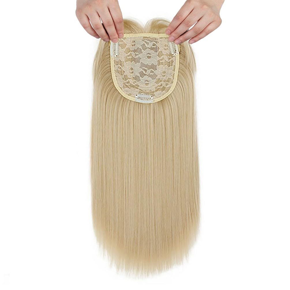 Silk Straight Hair Topper Thick Bangs 16inch Clip in One Piece Invisible Wiglet Head Top Replacement for Women Hair Loss (Blonde)
