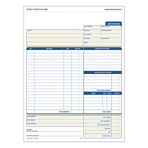 TOPS Job Invoice With Materials List, 3-Part, Carbonless, 8.5 X 11 Inches, 50 Sets Per Pack (3866)
