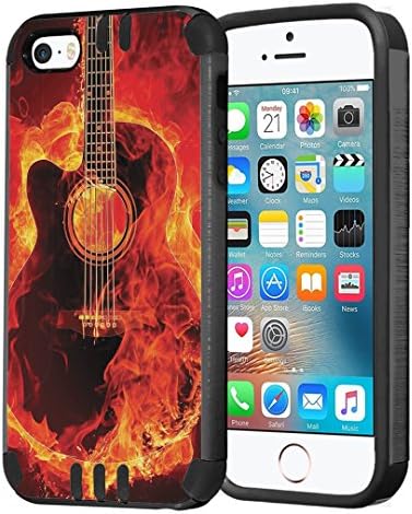 iPhone SE Case, Capsule-Case Hybrid Dual Layer Slim Defender Armor Combat Case (Dark Grey &amp; Black) Brush Texture Finishing for iPhone SE/iPhone 5s/iPhone 5 - (Fire Flames Guitar)