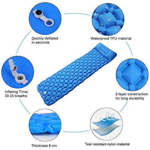 Evoland Camping Sleeping Pad with Pillow, Self Inflating Sleeping Pad for Camping, Backpacking, Hiking, Lightweight, Waterproof, Compact, Durable, Storage Bag Included (Blue)