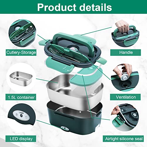 Gentre Portable Electric Lunch Box for Car Truck and Office 4 in 1 12 V/24 V/220 V ~ 240 V 1.5 L 60 W Stainless Steel Lunch Box, Compartments, Fork Spoon and Carry Bag