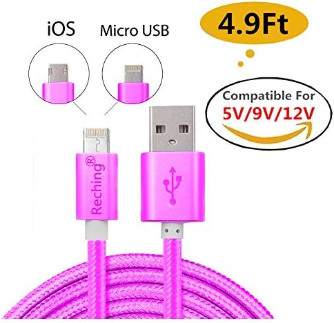RECHING 2 in 1 Lightning Cable 8Pin+Micro USB Charger Sync For iPhone Samsung Charger With 4.9Feet(1.5Meters) Nylon Braided Compatible For 5V/9V/12V Charger (Purple)