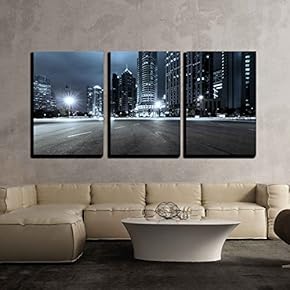 3 Piece Canvas Wall Art - The Light Trails on The Modern Building Background in Shanghai China - Modern Home Art Stretched and Framed Ready to Hang - 16"x24"x3 Panels