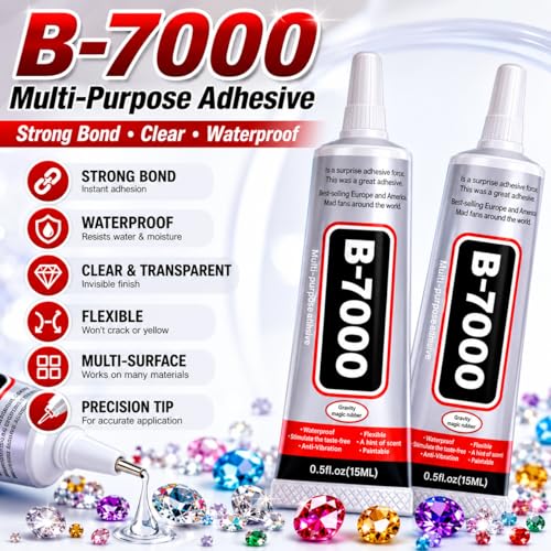 B-7000 Super Glue 2PCS Industrial Strength Adhesive, Bedazzling Glue for Rhinestones, Jewelry, Fabric, Phone Repair, Crafts, Clear Multipurpose B7000 Glue (2x15ml)