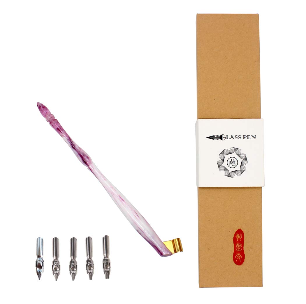 Hillento Oblique Calligraphy Nib Pen Point Holder, English Calligraphy Pen Nib Holder, English Antique Copperplate Script Handed Dip Pen + 5 Flat Nibs, Fuchsia