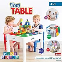 PlayBuild Kids 4 in 1 Play & Build Table Set for Indoor Activity, Outdoor Water Play, Toy Storage & Building Block Fun Includes 2 Toddler Chairs