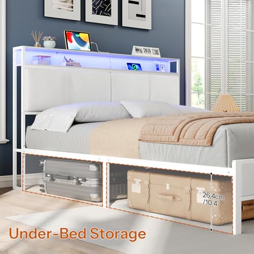 HOOBRO Full Bed Frame, Metal Platform Bed Frame with Charging Station and LED Light, Headboard with Shelves, No Box Springs Needed, White WT03UDBF01