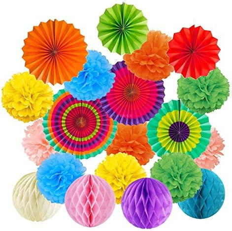 Mixed Hanging Paper Fans Colorful Paper Pom Poms Reusable Flower Honeycomb Balls Rainbow Party Decorations Birthdays Festivals Carnivals Graduation Christmas (20PCS)