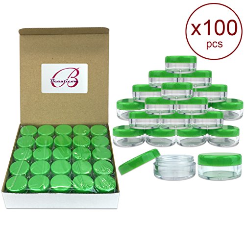 (Quantity: 100 Pieces) Beauticom 5G/5ML Round Clear Jars with GREEN Lids for Scrubs, Oils, Toner, Salves, Creams, Lotions, Makeup Samples, Lip Balms - BPA Free