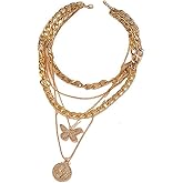 MarveBard Gold Layered Necklace for Women Vintage Coin Cross Butterfly Pendant Necklace Trendy Chunky Chain Choker Necklaces Dainty Y2k Cuban Chain Christmas Birthday Party Jewelry