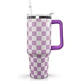Ceovfoi 40 Oz Checkered Tumbler with Handle Lid and Straw, Purple Checkered Tumbler Water Bottle Travel Coffee Cup Mug,Checkered Gifts for Women