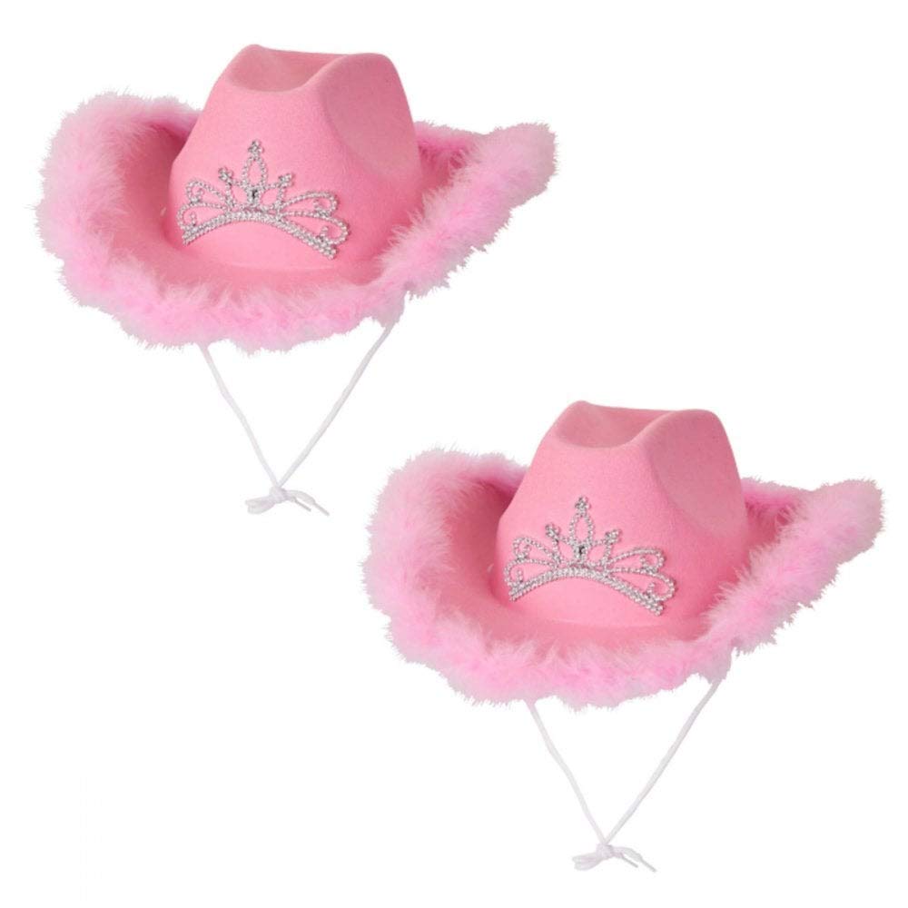 2 x Pink Cowgirl Hat with Tiara & Marabou Feather - Adult Accessory