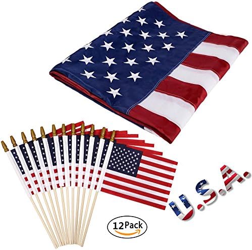 American Flag 3x5 ft Featuring with Embroidered Stars Sewn Stripes Brass Grommets 210D Quality Oxford Nylon, Set with 12 Pack Hand Held Small US American Flags 4x6 Inch on Sticks