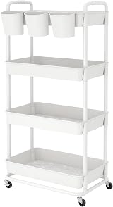 JIUYOTREE 4-Tier Plastic Rolling Storage Cart with Lockable Wheels White